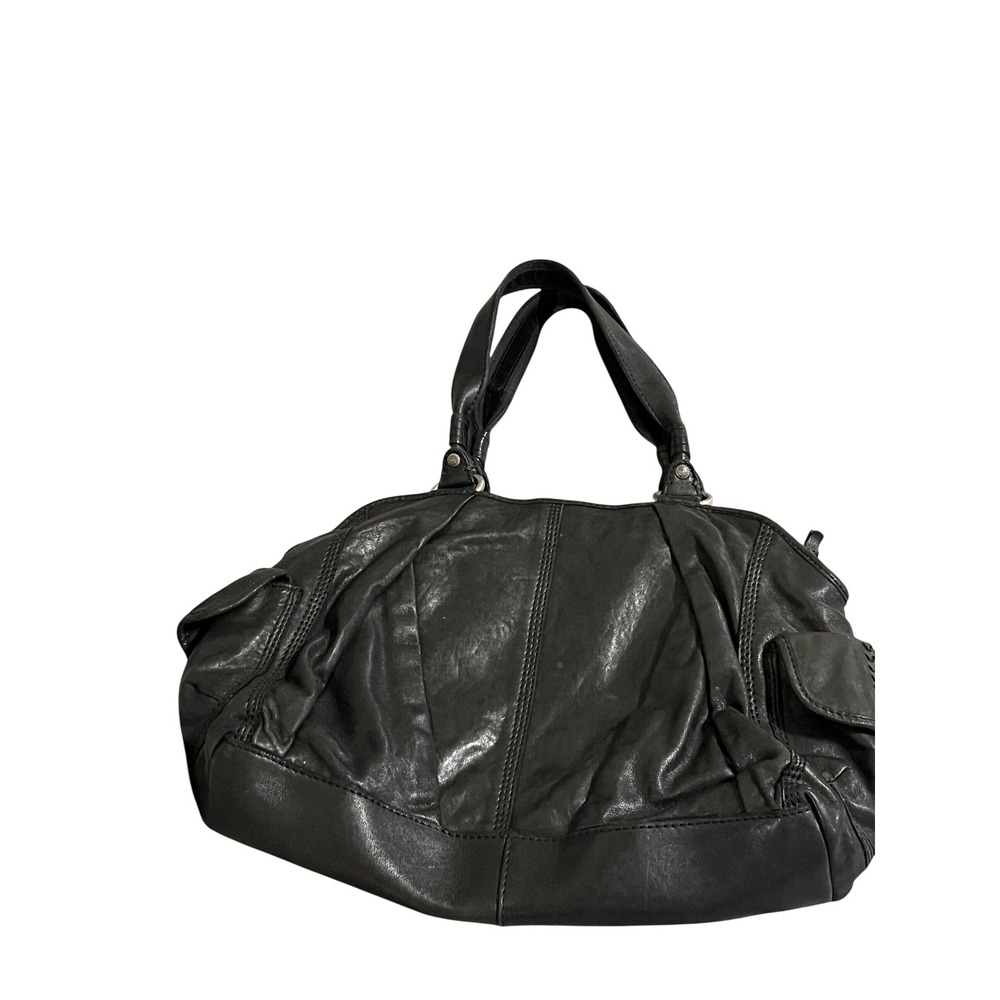 Lucky Brand Black Leather Whipstitch Hobo Shoulder Bag Satchel Side Pockets